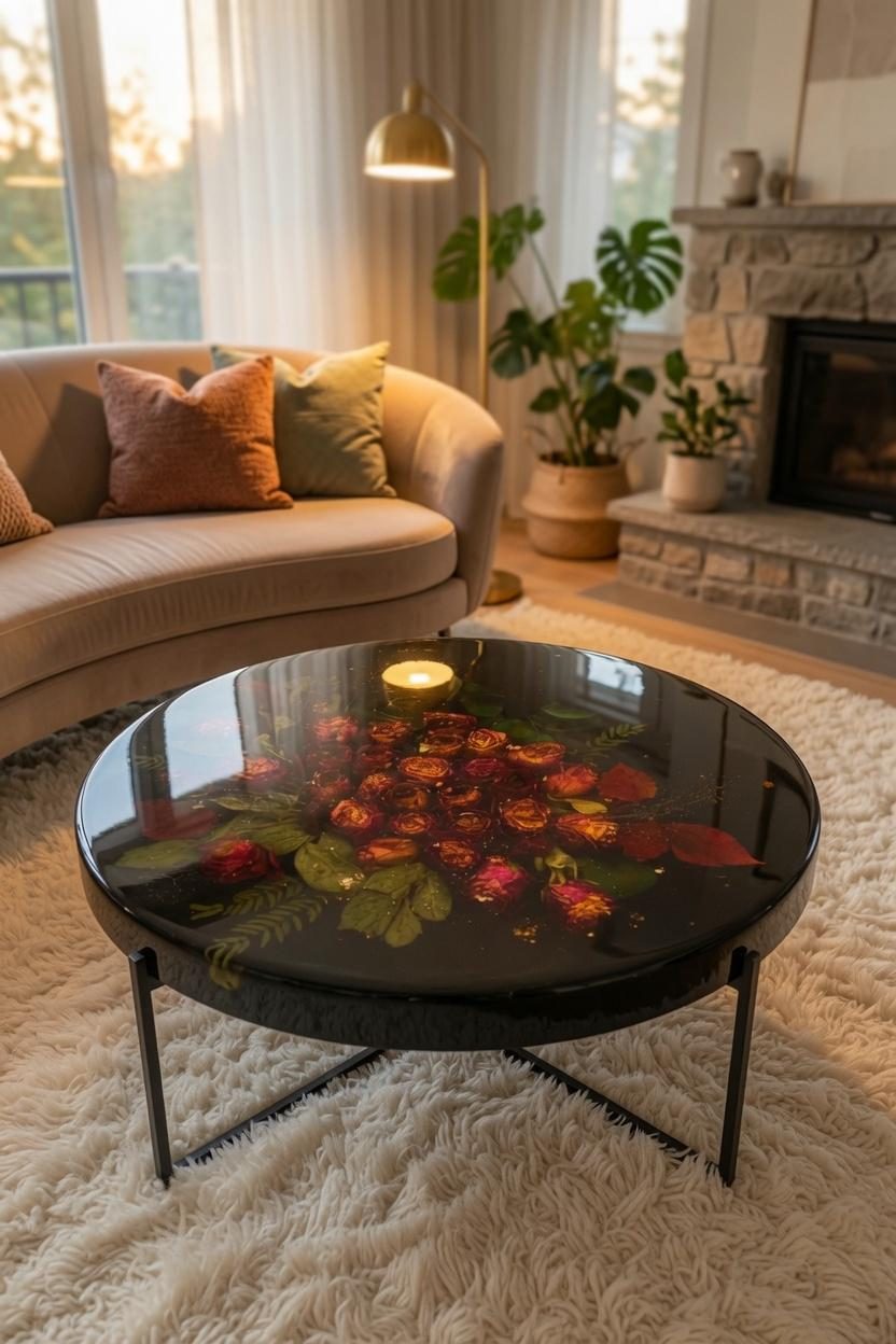 Wide round black resin table with preserved red roses and green leaves under the surface, on a black metal frame, on a shaggy cream rug in a living room