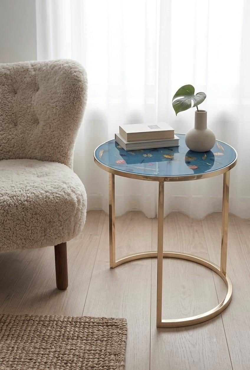 Blue resin side table on a gold-colored frame beside a fluffy cream armchair, with two books and a small vase holding a monstera leaf on top