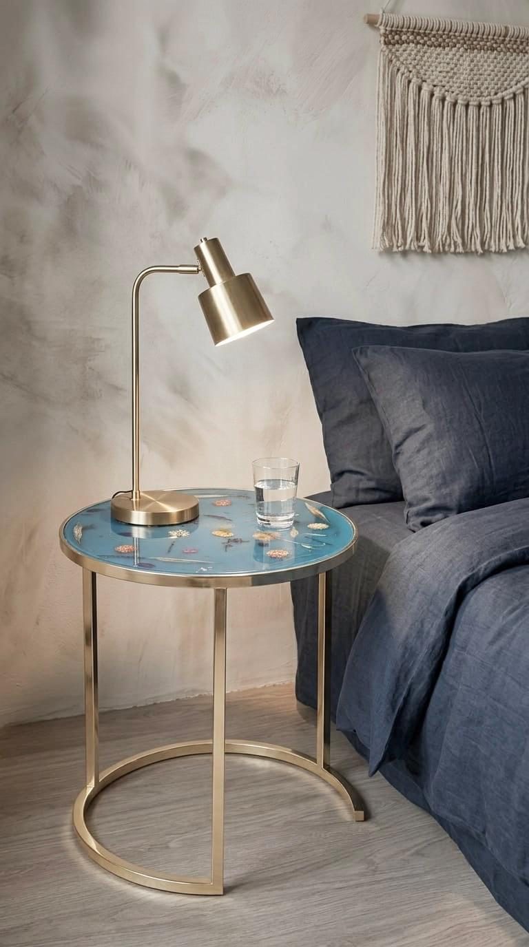 The same table as a bedside table, with a brass lamp and a glass of water on top, beside a bed with dark blue linen