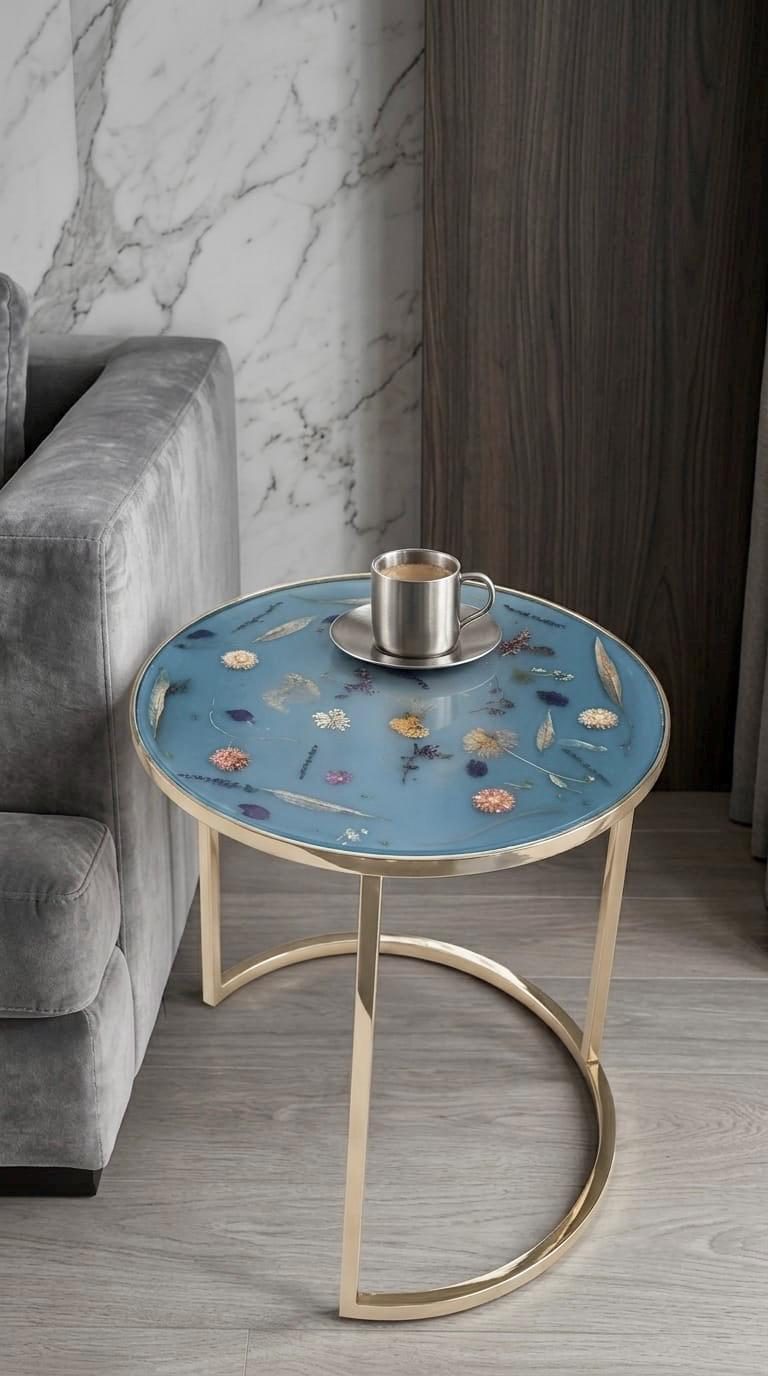 The table from above with a metal mug on a saucer, beside a gray velvet sofa and a marble wall