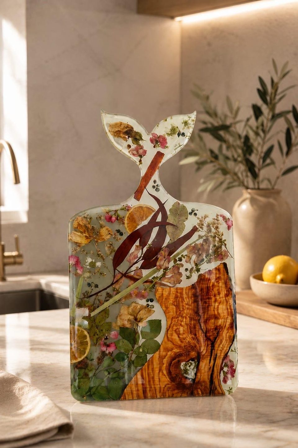 Serving board with a tail-fin handle standing on a kitchen counter: clear resin with pressed flowers, eucalyptus, citrus slices and a brown stick, and an olive wood panel at lower right