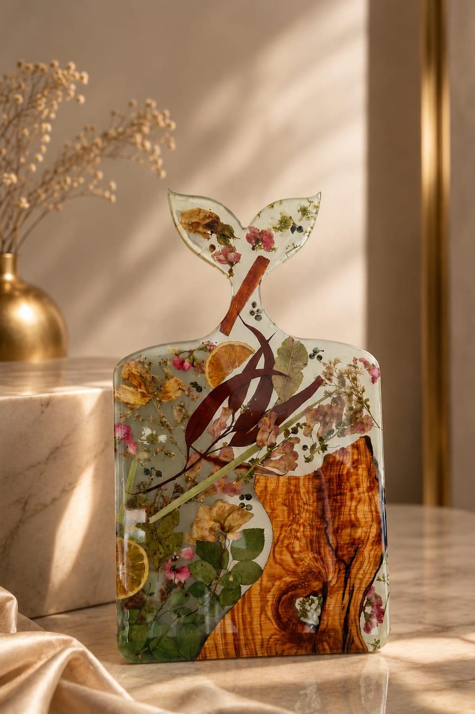 The same board against a warm wall beside a vase of dried flowers, in afternoon light