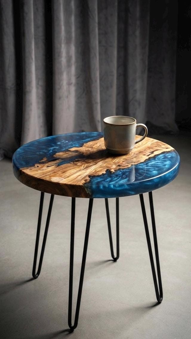 Round side table with a live-edge olive wood band between ocean-blue resin, on four black hairpin legs, with a ceramic mug on top, against a gray curtain