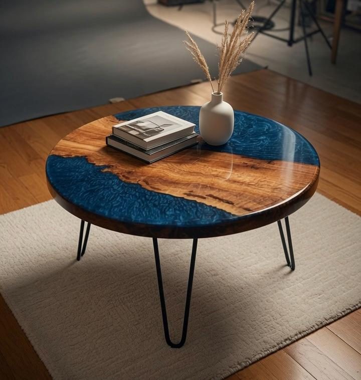 A similar round table with a wood band and blue resin, lower and wider, on black hairpin legs, with two books and a vase of dried grass on top, on a cream rug