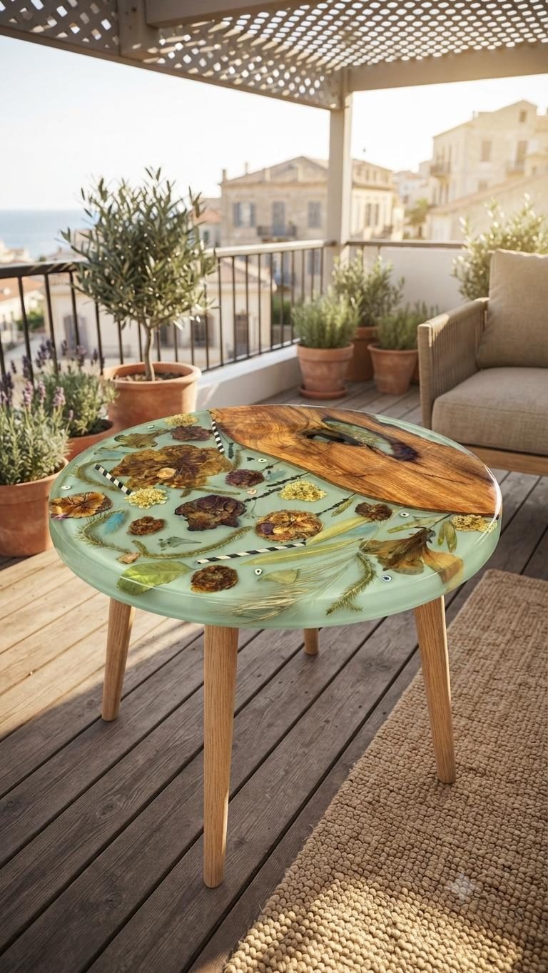 Round table with a mint-green resin top holding dried flowers, leaves and striped sticks, and a section of live-edge wood, on four light wooden legs on a terrace