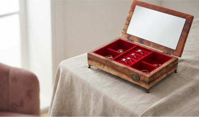 Open jewelry box on a linen-covered table by a window: a mirror in the lid and rows of red velvet ring slots holding a few rings