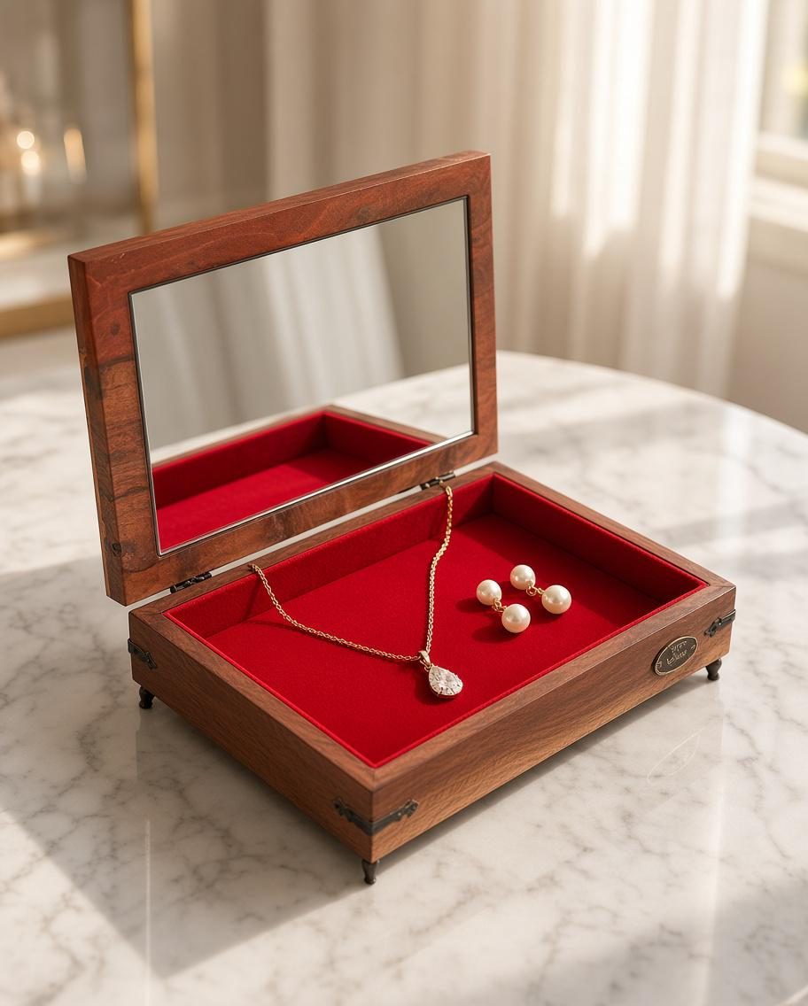 Open jewelry box in darker wood with a mirror in the lid and a red velvet lining, holding a pendant necklace and pearl earrings, on a marble table