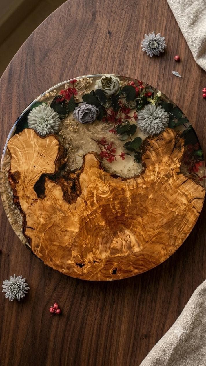 Round tabletop from above: a live-edge wood slice below, and above it milky cream resin holding gray-blue and cream flowers, small red accents and green leaves, on a dark wood surface
